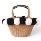 Black White Ball Decoration Straw Bag